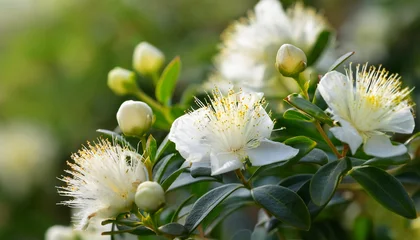 Foto auf Acrylglas Pflegezentrum close up of blooming white myrtle flowers and buds on a green bush in natural light outdoor summer scene botanical concept perfect for eco branding wellness and seasonal design projects  © Rhea