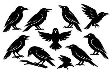 Black raven silhouettes in standing and flying positions, Transparent Background