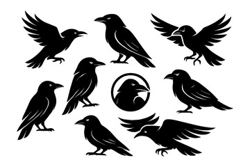 Black raven silhouettes in standing and flying positions, Transparent Background