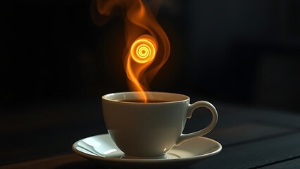 Vintage coffee cup with an infinite glowing spiral, symbolizing longevity and ritual.