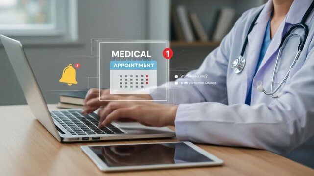 Doctor types on laptop with medical appointment notification and tablet on desk in office setting