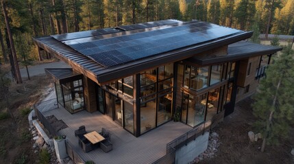 Obraz premium Modern Eco House with Solar Panels on Roof Surrounded by Trees