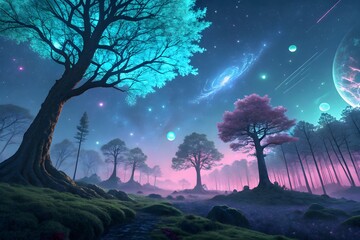 Obraz premium Dark blue night sky with a bright moon and stars illuminating a tranquil forest landscape with silhouetted trees and snowy mountains