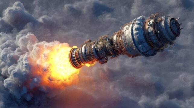 Spaceship Engine Blasting Off with Fire and Smoke in Atmosphere