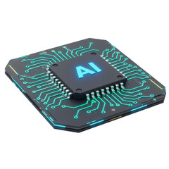 A futuristic computer chip with glowing circuitry and the letters AI at its core representing artificial intelligence and advanced technology.
