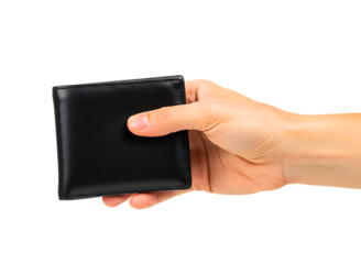 Hand holding a black leather wallet isolated on transparent background