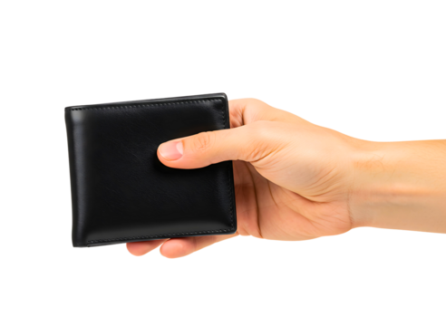 Hand holding a black leather wallet isolated on transparent background - Powered by Adobe