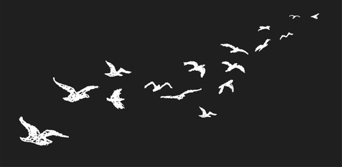 Silhouette of birds flying away. Shadow of flock of birds flying high in the sky drawn with wax pencil or pastel. Vector illustration of simple dove. Graphic element written with white charcoal pen.