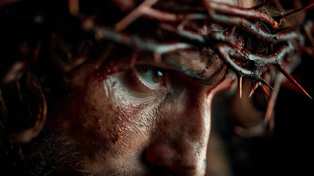 Close-up of a man's intense eye, face bloodied, wearing a crown of thorns, captured in dramatic lighting, symbolizing suffering and sacrifice