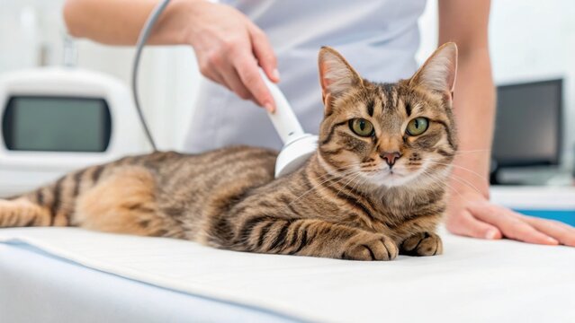 A cat receiving veterinary treatment, relaxed on an examination table while a veterinarian uses a medical device on it. - Powered by Adobe