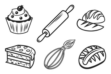 Baking Icons Cupcake Bread Rolling Pin and Pastry Brush.