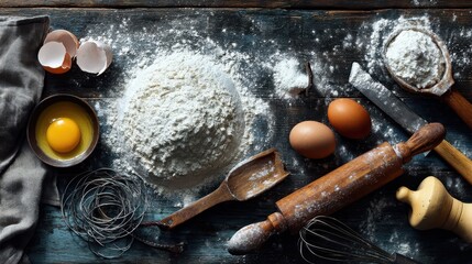 Baking Preparation with Flour, Eggs, and Tools on Table Surface