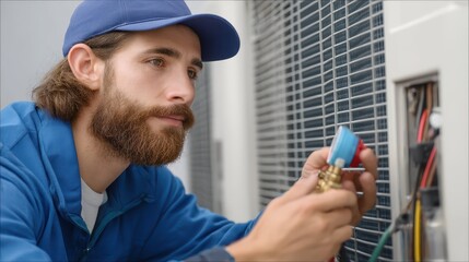 Technician Checking Refrigerant Levels in Air Conditioning Unit
