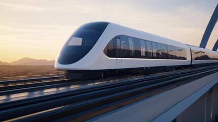 Modern High-Speed Train in Motion on Elevated Track at Sunset with Scenic Landscape in Background