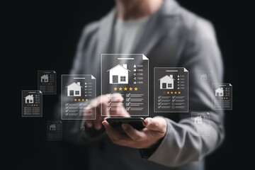 Real estate reviews property evaluation and customer satisfaction concept, Businessman uses smartphone applications review real estate documents online, Top rating, Customer satisfaction and service