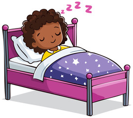A little girl sleeping peacefully in bed, cartoon clipart illustration. 