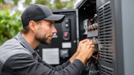Technician Replacing Air Filter on Generator in Outdoor Setting