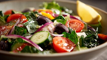 Fresh Greek salad with red onions, tomatoes, olives and lemon, a healthy food