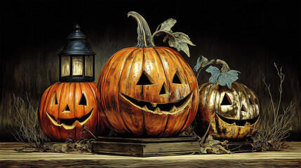 Halloween night:carved  pumpkins ready for decorating  the night