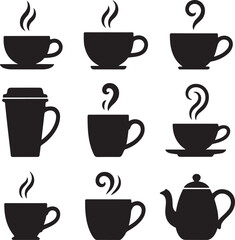 Obraz premium Black silhouette icons of hot beverages and a teapot
