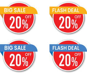 20% Big Sale vector sticker and Flash Deal label set for promotional marketing discounts