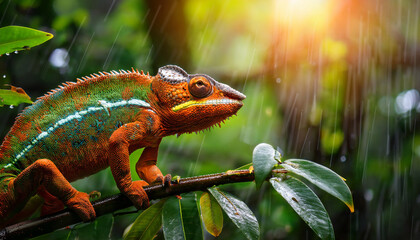 vibrant chameleon perched branch tropical rainforest surrounded by lush green foliage and illuminated by soft sunlight filtering through leaves scene captures beauty of nature with gentle rain