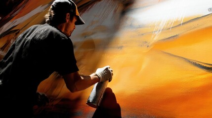 Spray paint  applying vibrant hues to a large mural.