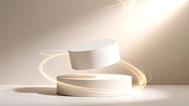 Minimalist display with platform, floating circle & blurred golden light