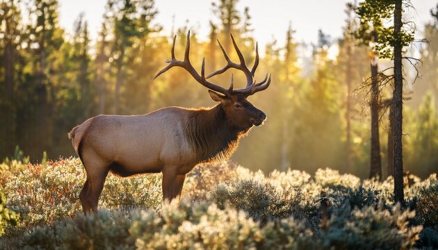 majestic bull elk with large antlers stands in a sunlit forest