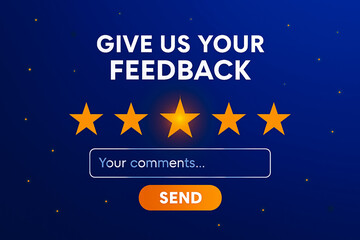Fototapeta premium “Give Us Your Feedback” UI Design with Glowing Mid-Star Rating, Comment Input Box, and Orange ‘Send’ Button on Blue Dotted Background – Digital Review Form Interface