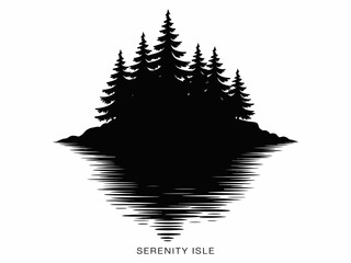 Serenity Isle Black Silhouette of Evergreen Trees Reflecting in Water Minimalist Design for Logo or Branding Graphic Element © SHOHRAB HOSSAIN