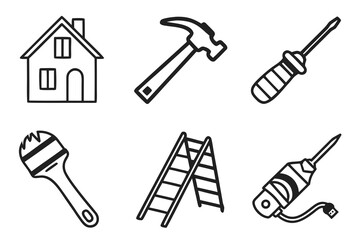 Collection of HandDrawn Home Improvement Tools and House.