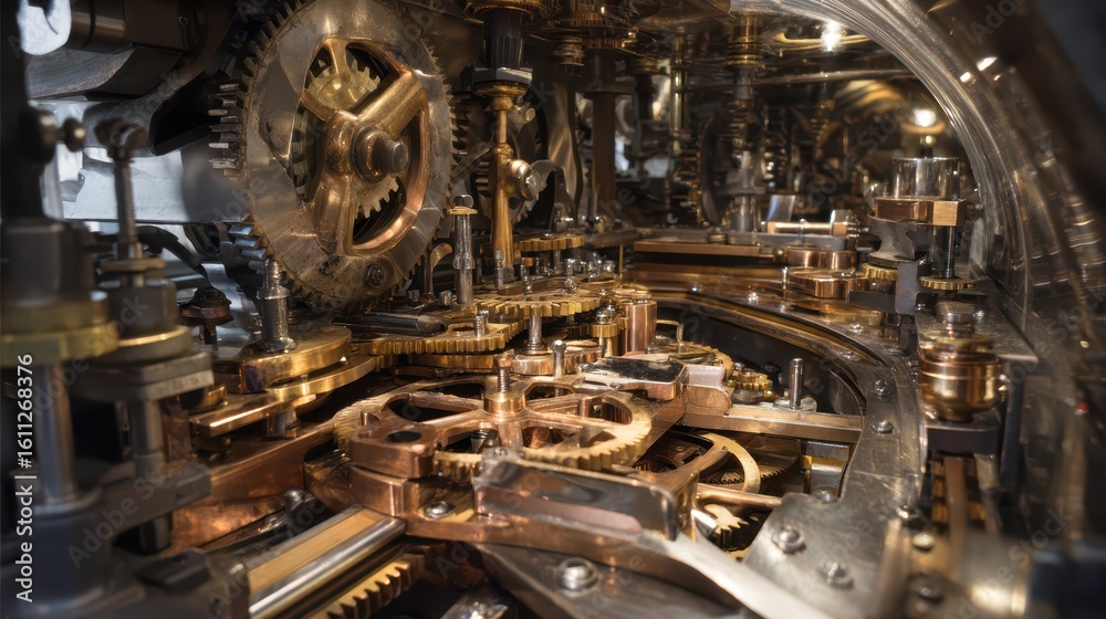 Poster intricate view of inside mechanical machine with rotating parts