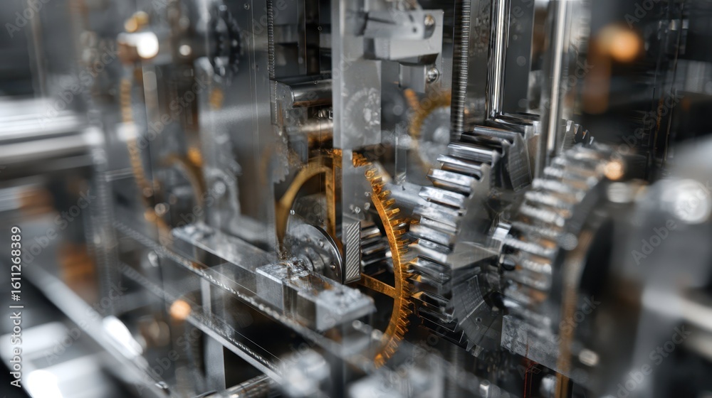 Poster close-up view of intricate machine with rotating mechanical parts