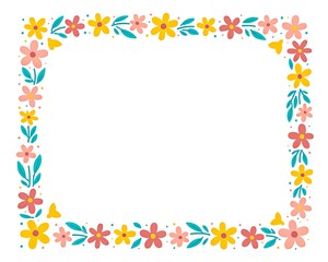 Cute floral frame with colorful cartoon flowers and empty center space