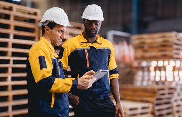 Distribution warehouse manager and client businesswoman using digital tablet checking inventory storage on shelf. Storehouse business worker and logistic engineer standing together at storage service