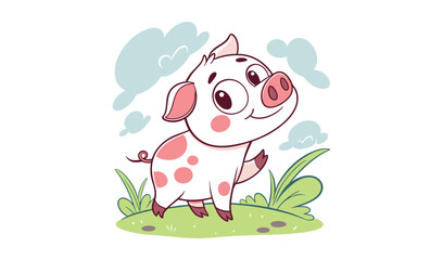 Cute cartoon piglet waving happily in a grassy field with clouds