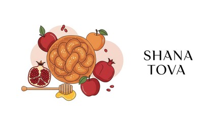 Shana tova greeting card featuring traditional rosh hashanah symbols apples pomegranates and challah bread