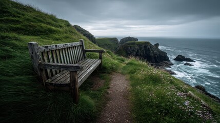 Serene Wooden Bench Overlooking Cliffside Sea and Rocky Coastline