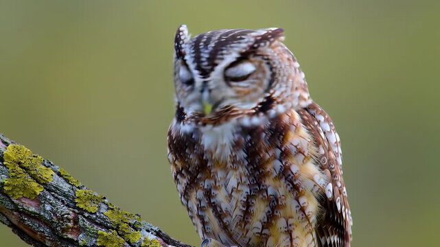 Eastern Screech Owl Perched on a Mossy Branch with Detailed Feathers and Focused Gaze in a Nature Setting