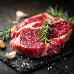 Fresh Raw Beef Steak with Garlic and Herbs on Dark Background