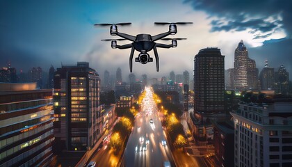 drone flying over busy city street night drone black has four propellers street lined tall buildings both sides cars driving road below sky dark street wet indicating has recently rained taken low