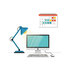 A minimalist illustration of a desktop computer workspace, illuminated by a desk lamp, with a calendar nearby.