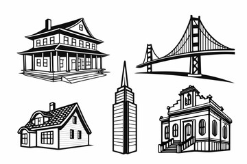 Fototapeta premium Diverse Architectural Styles Collection Houses and Bridge.
