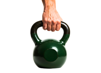 Man s hand holding a black kettlebell isolated on transparent background