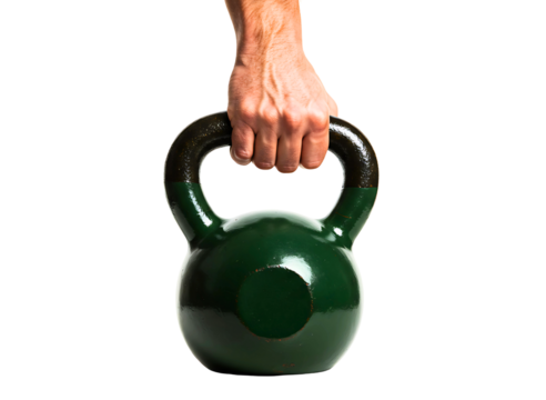 Man s hand holding a black kettlebell isolated on transparent background