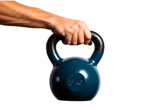 Man s hand holding a black kettlebell isolated on transparent background