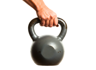 Man s hand holding a black kettlebell isolated on transparent background