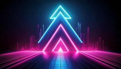 Fototapeta premium in the darkness a beam from above illuminates a bright neon arrow pointing upwards conveying a sense of growth and progress with its vibrant hues of pink and blue