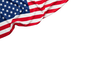 An american flag in vibrant red, white, and blue, with soft natural folds, displayed in a close-up, high-angle studio shot against a bright white negative space background, concept of national pride